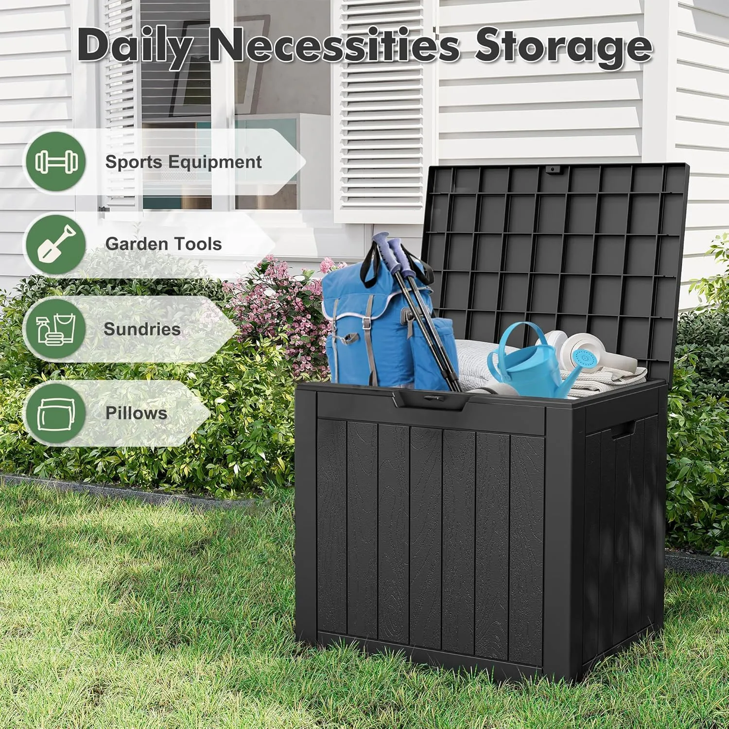32 Gallon Deck Box Lockable Resin Indoor Outdoor Storage Box waterproof Outdoor Container for Patio Furniture, Pool Accessories, Cushions, Garden Tools, Sports Equipment