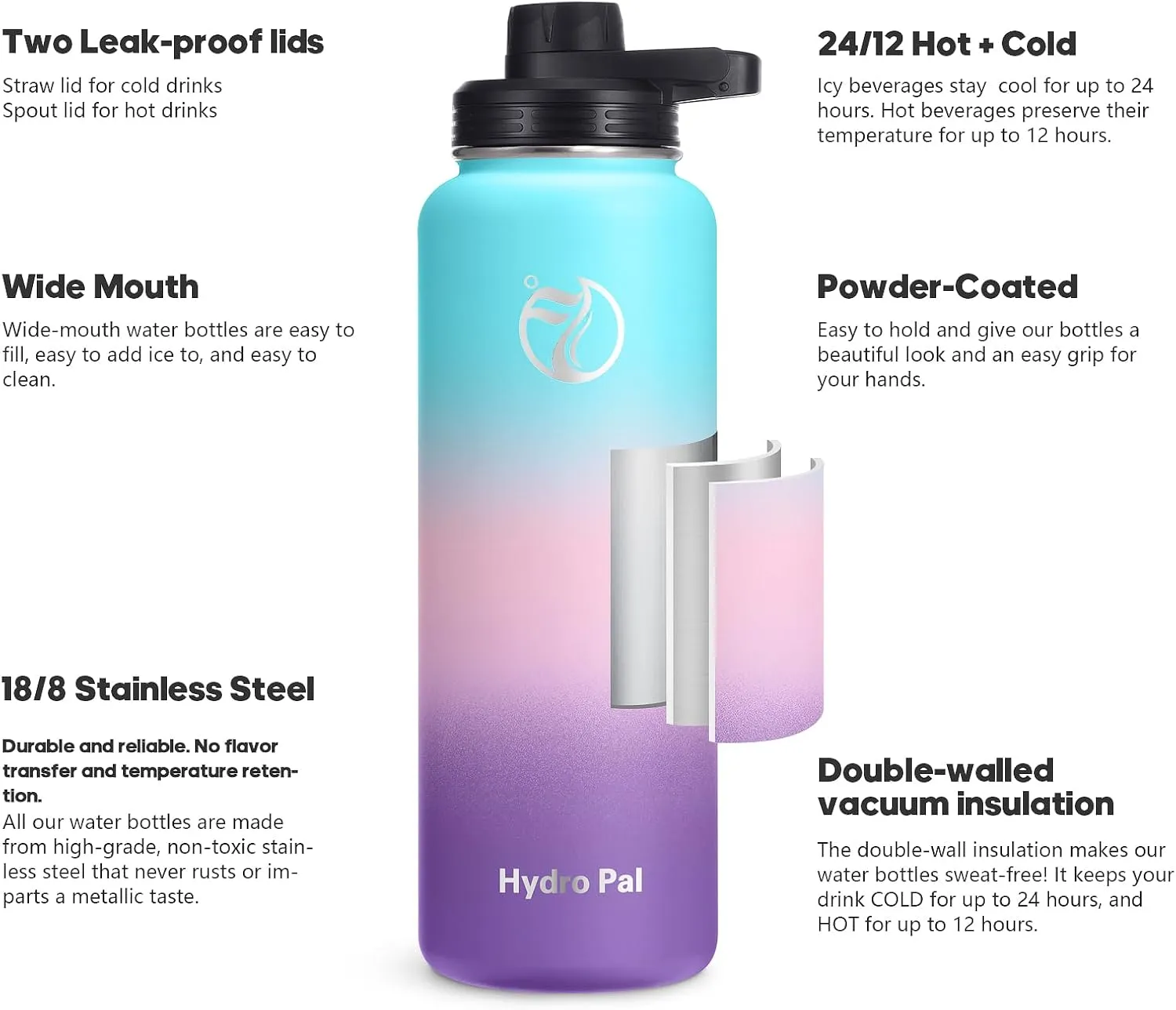 32 Insulated Water Bottles with 2 Leak Proof Lids(Spout Lid and Straw Lid), Wide Mouth Sport Water Bottle with Straw, Stainless Steel Powder-Coated Water Flask, Double Walled Vacuum Thermos