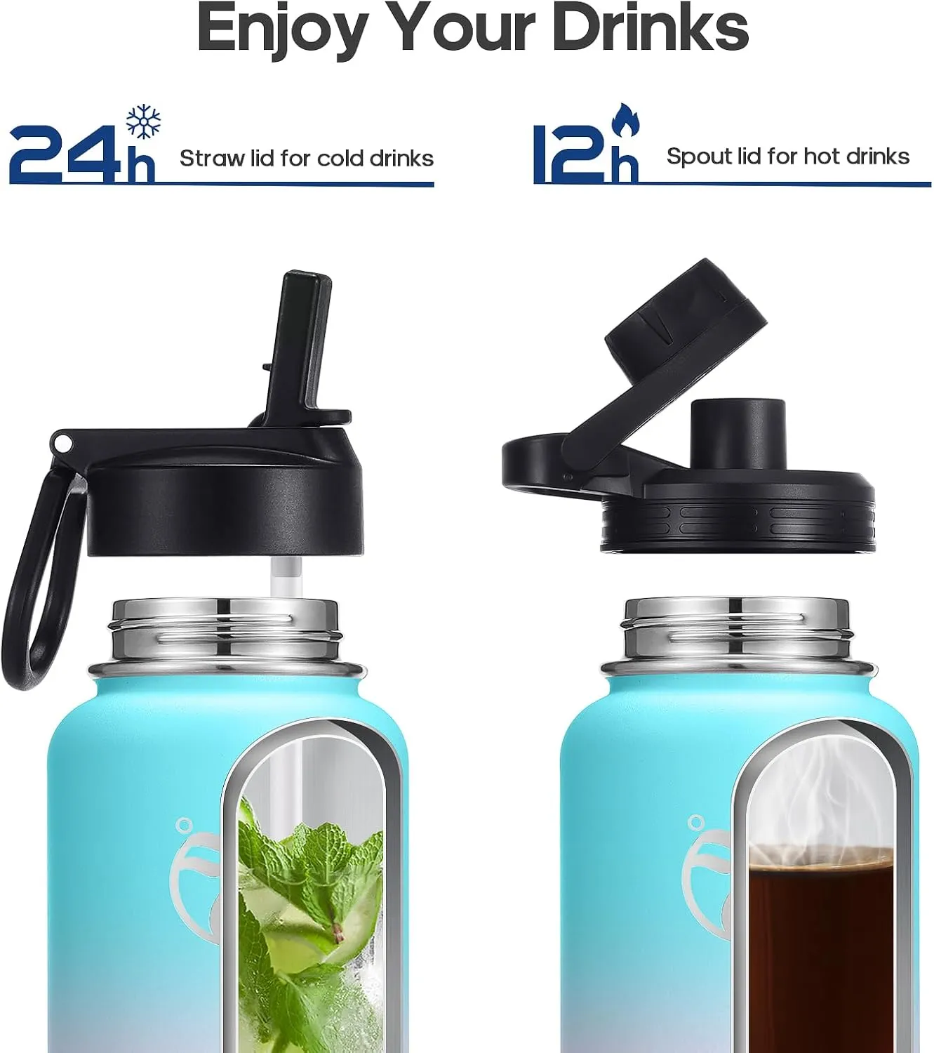 32 Insulated Water Bottles with 2 Leak Proof Lids(Spout Lid and Straw Lid), Wide Mouth Sport Water Bottle with Straw, Stainless Steel Powder-Coated Water Flask, Double Walled Vacuum Thermos