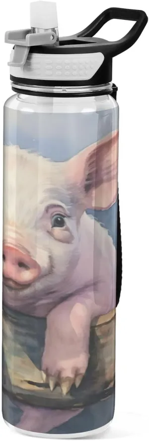 32 oz Cute Little White Pig Water Bottles with Straw & Lid,Leakproof Clear Water Bottle BPA-Free Reusable Tritan Wide Mouth Water Bottle for School Gym Running Outdoor