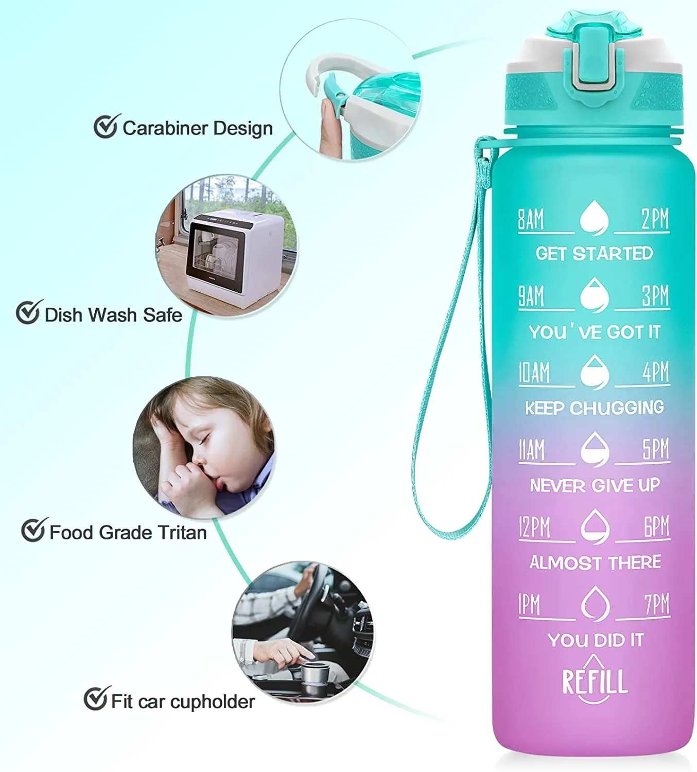32 oz Water Bottles with Times Marker to Drink and Straw, Motivational Water Bottle, Leakproof & BPA Free, Drinking Sports Water Bottle for Fitness, Gym & Outdoor