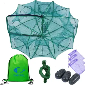 32in x 10in Folded Fishing Bait Trap, 10 Holes 10 Sides Foldable Fishing Nets for Fish/Crab/Shrimp/Crawdad, Upgrade Large Space,Bait Bag/Bait Box/Rope/Storage Bag