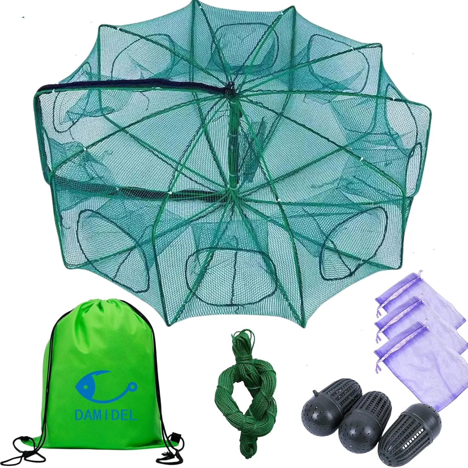 32in x 10in Folded Fishing Bait Trap, 10 Holes 10 Sides Foldable Fishing Nets for Fish/Crab/Shrimp/Crawdad, Upgrade Large Space,Bait Bag/Bait Box/Rope/Storage Bag
