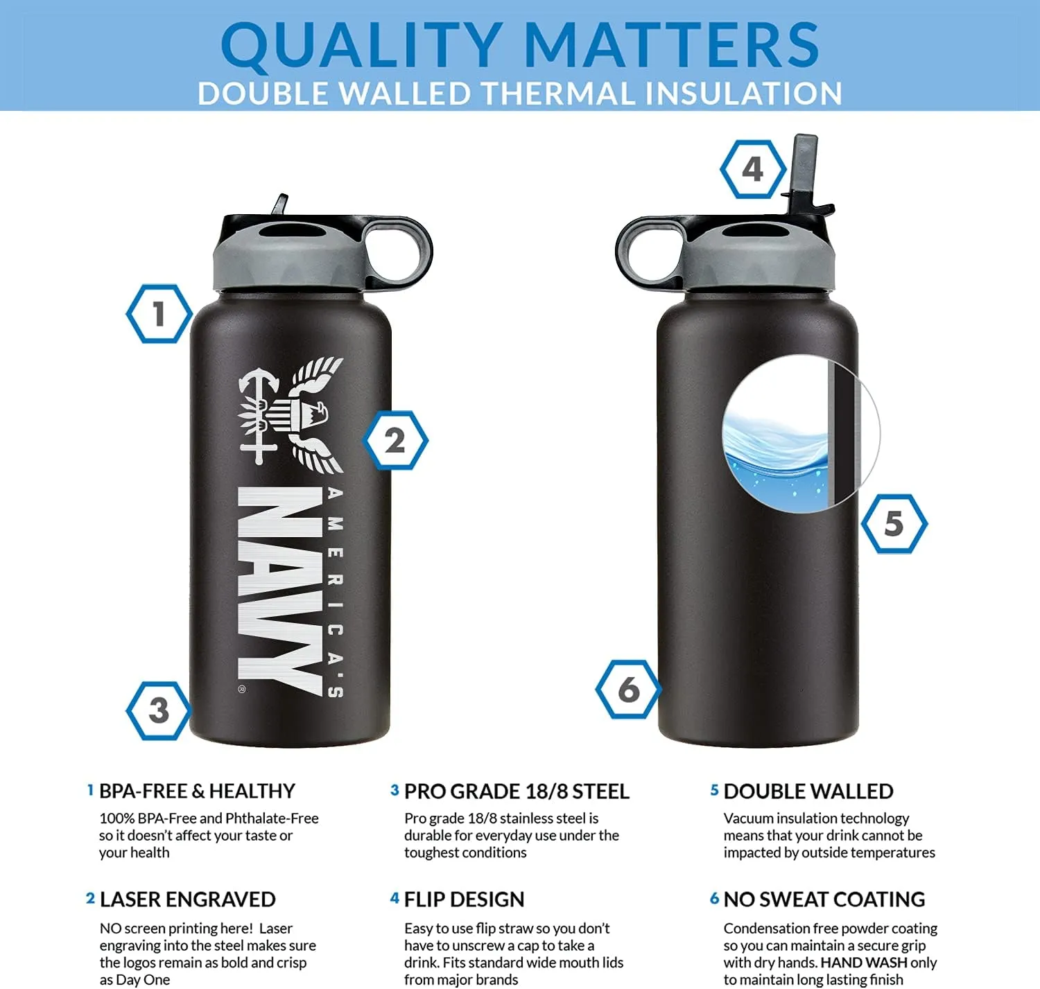 32oz Stainless Steel Navy Water Bottle With Engraved Logo - US Navy Pride on the Go - Gifts | Disabled USMC Vet Owned Small Business
