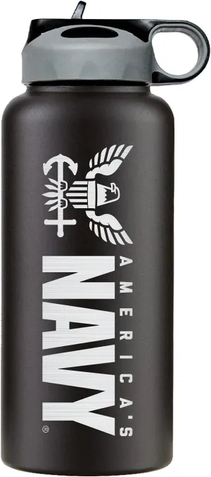 32oz Stainless Steel Navy Water Bottle With Engraved Logo - US Navy Pride on the Go - Gifts | Disabled USMC Vet Owned Small Business