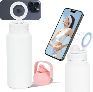 32oz Water Bottle with Magnetic Phone Holder, Stainless Steel Water Bottles Compatible with MagSafe Phone Mount and Tripod for iPhone, Double Walled Insulated tumbler for Gym Sport, White