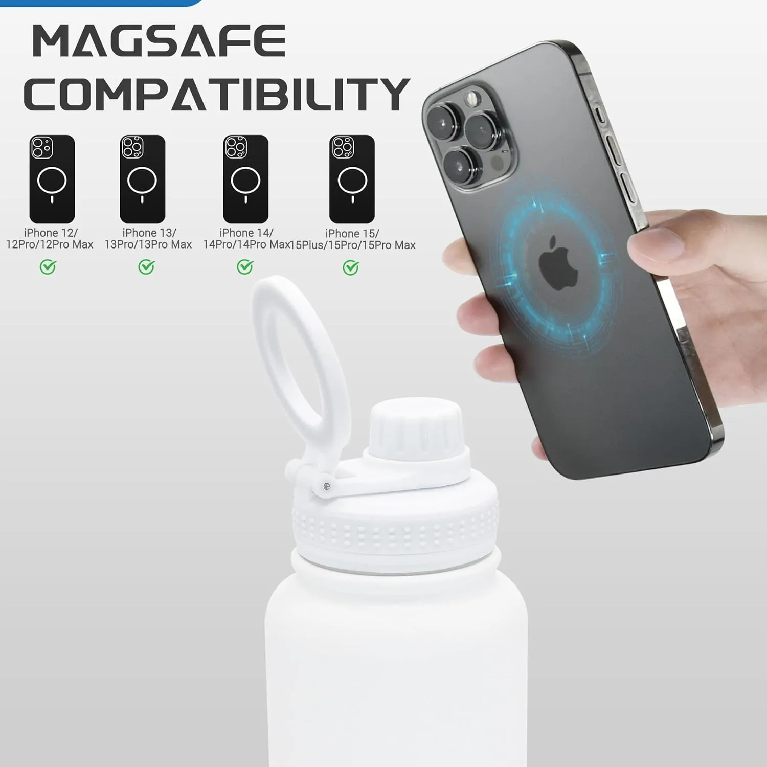 32oz Water Bottle with Magnetic Phone Holder, Stainless Steel Water Bottles Compatible with MagSafe Phone Mount and Tripod for iPhone, Double Walled Insulated tumbler for Gym Sport, White