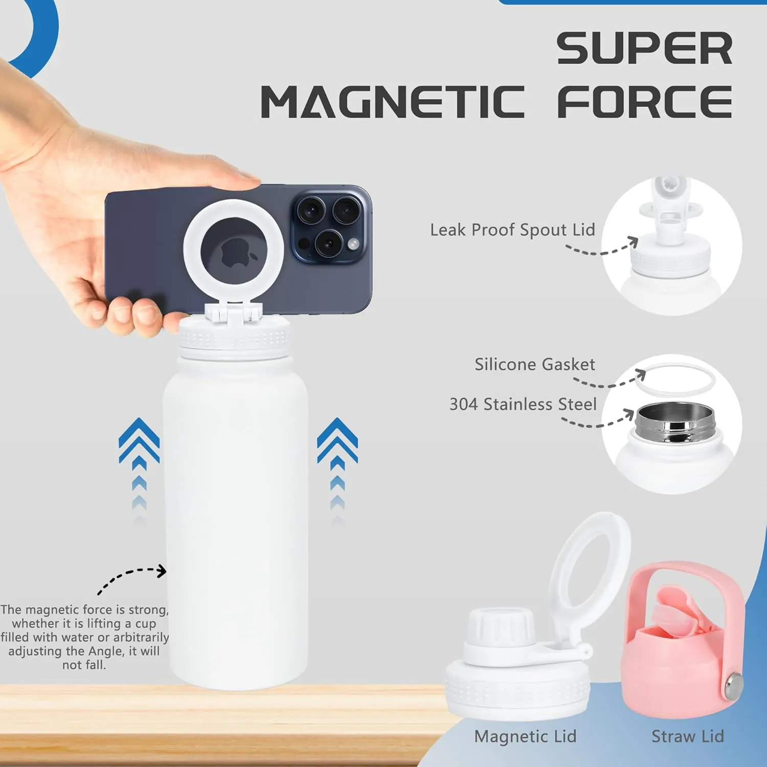 32oz Water Bottle with Magnetic Phone Holder, Stainless Steel Water Bottles Compatible with MagSafe Phone Mount and Tripod for iPhone, Double Walled Insulated tumbler for Gym Sport, White