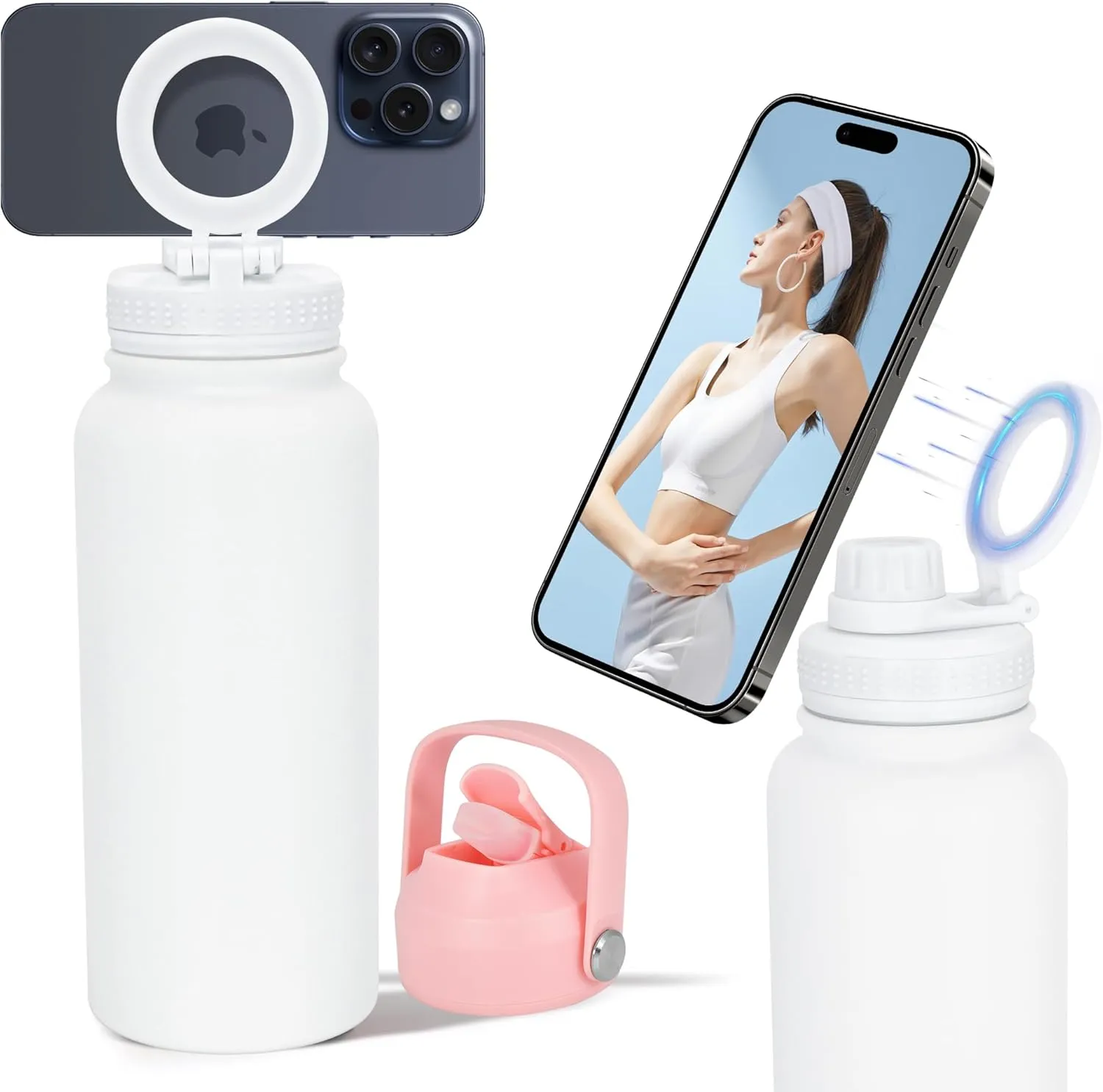 32oz Water Bottle with Magnetic Phone Holder, Stainless Steel Water Bottles Compatible with MagSafe Phone Mount and Tripod for iPhone, Double Walled Insulated tumbler for Gym Sport, White