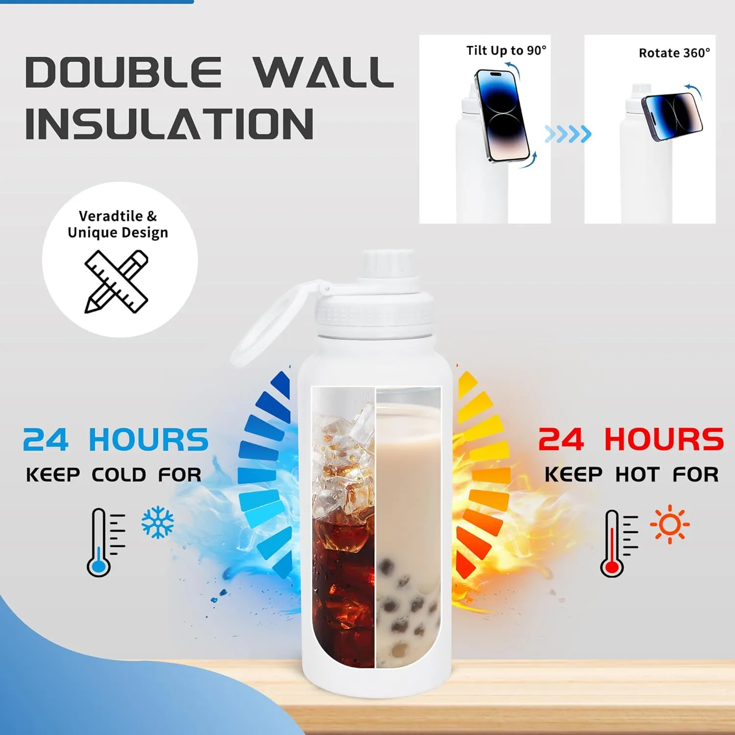 32oz Water Bottle with Magnetic Phone Holder, Stainless Steel Water Bottles Compatible with MagSafe Phone Mount and Tripod for iPhone, Double Walled Insulated tumbler for Gym Sport, White
