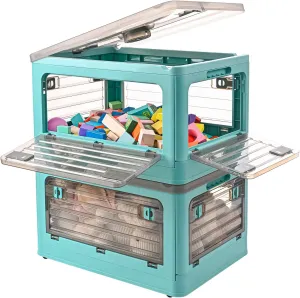32Qt Plastic Storage Bins with Lid, Collapsible Storage Bins with Wheels, Storage Boxes with 4 Doors, Stackable Storage Bins for Organizing Toys, Clothes, Snacks and Camping, 2-Pack (Blue)