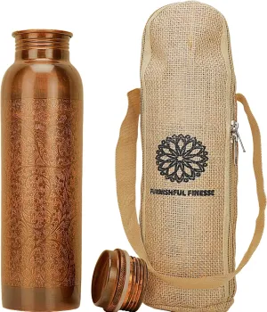 34 Ounce Antique Copper Bottle 1000 ml Pure Copper Water Bottles with Canvas Carry Bag for Sports, Gym Yoga, Hiking, Handmade Antique Ayurvedic Vessel 1 liter - Pack of 1