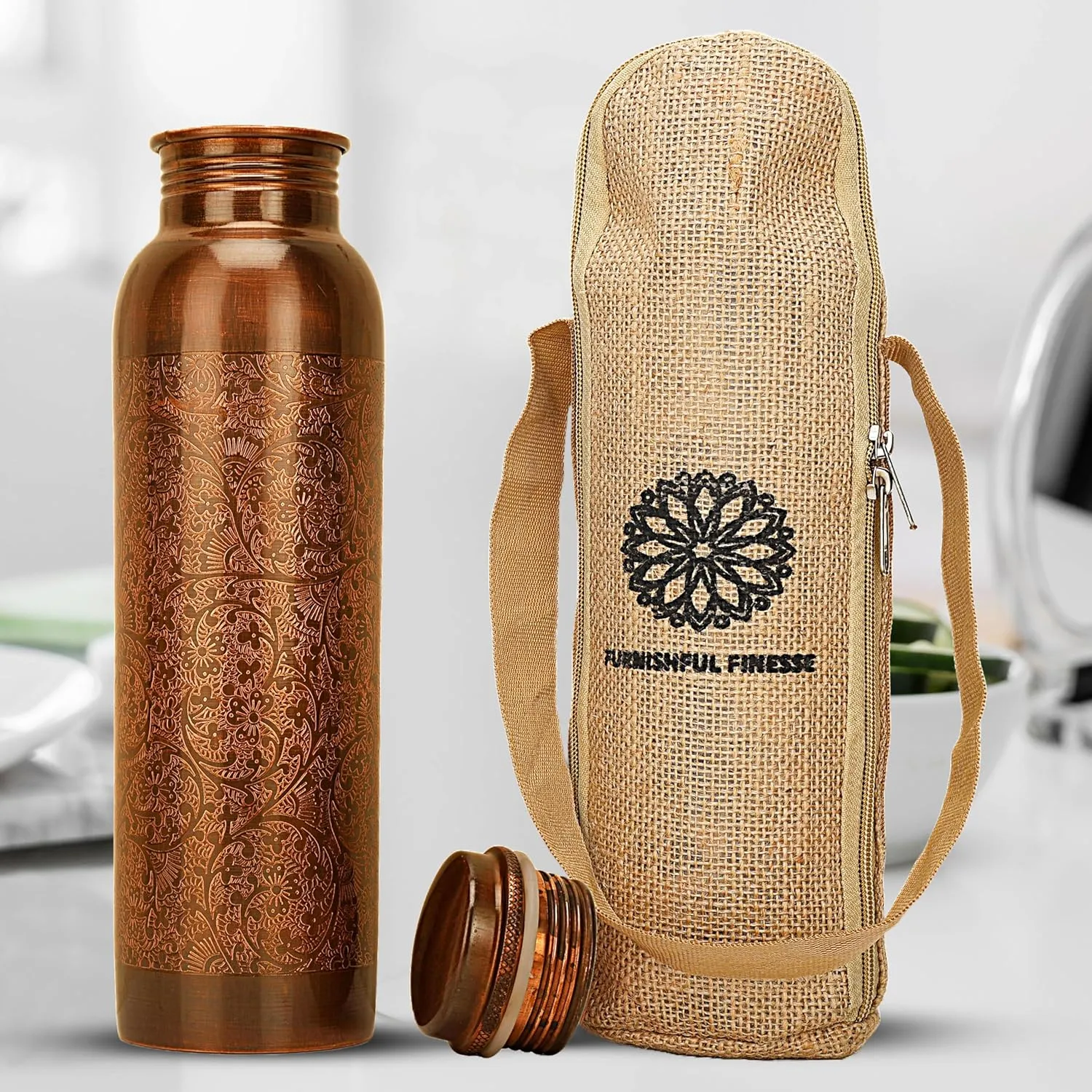 34 Ounce Antique Copper Bottle 1000 ml Pure Copper Water Bottles with Canvas Carry Bag for Sports, Gym Yoga, Hiking, Handmade Antique Ayurvedic Vessel 1 liter - Pack of 1