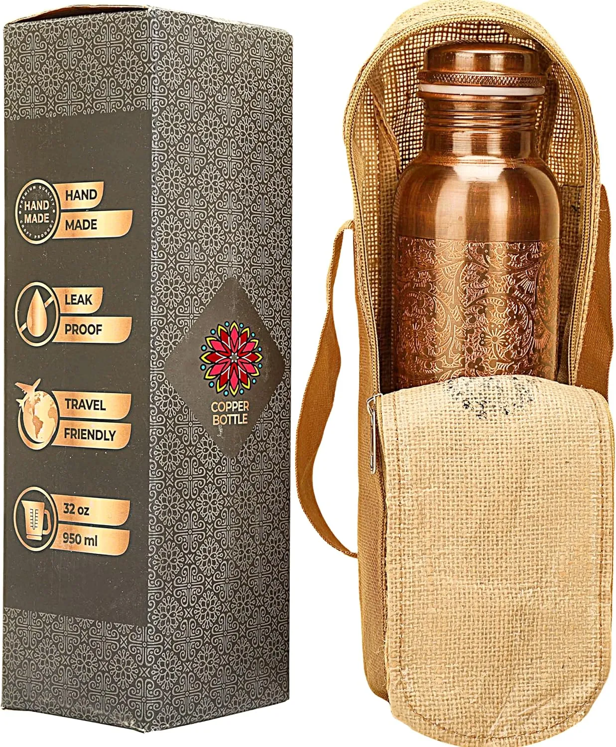 34 Ounce Antique Copper Bottle 1000 ml Pure Copper Water Bottles with Canvas Carry Bag for Sports, Gym Yoga, Hiking, Handmade Antique Ayurvedic Vessel 1 liter - Pack of 1