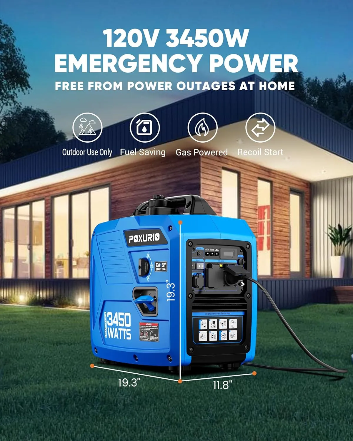 3450-Watt Portable Inverter Generator for Home Use, 1.6Gallon Large Fuel Tank Up to 8.3 Hours Use, 120V Gas Powered Generator Super Quiet - EPA Compliant