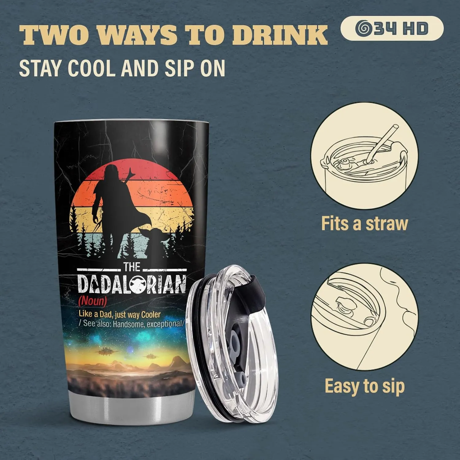 34HD Father Day Gifts, Dadalorian Tumbler with Lid 20 oz Stainless Steel, Dad Drinking Cup, Star Dad Merch, Daddy Birthday Gifts from Daughter, Son, Wife