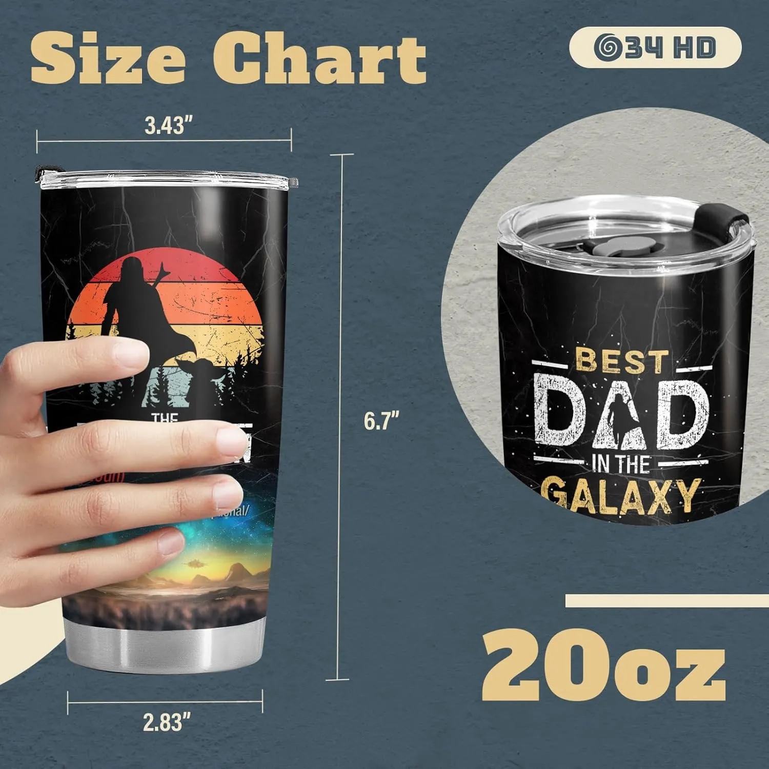 34HD Father Day Gifts, Dadalorian Tumbler with Lid 20 oz Stainless Steel, Dad Drinking Cup, Star Dad Merch, Daddy Birthday Gifts from Daughter, Son, Wife