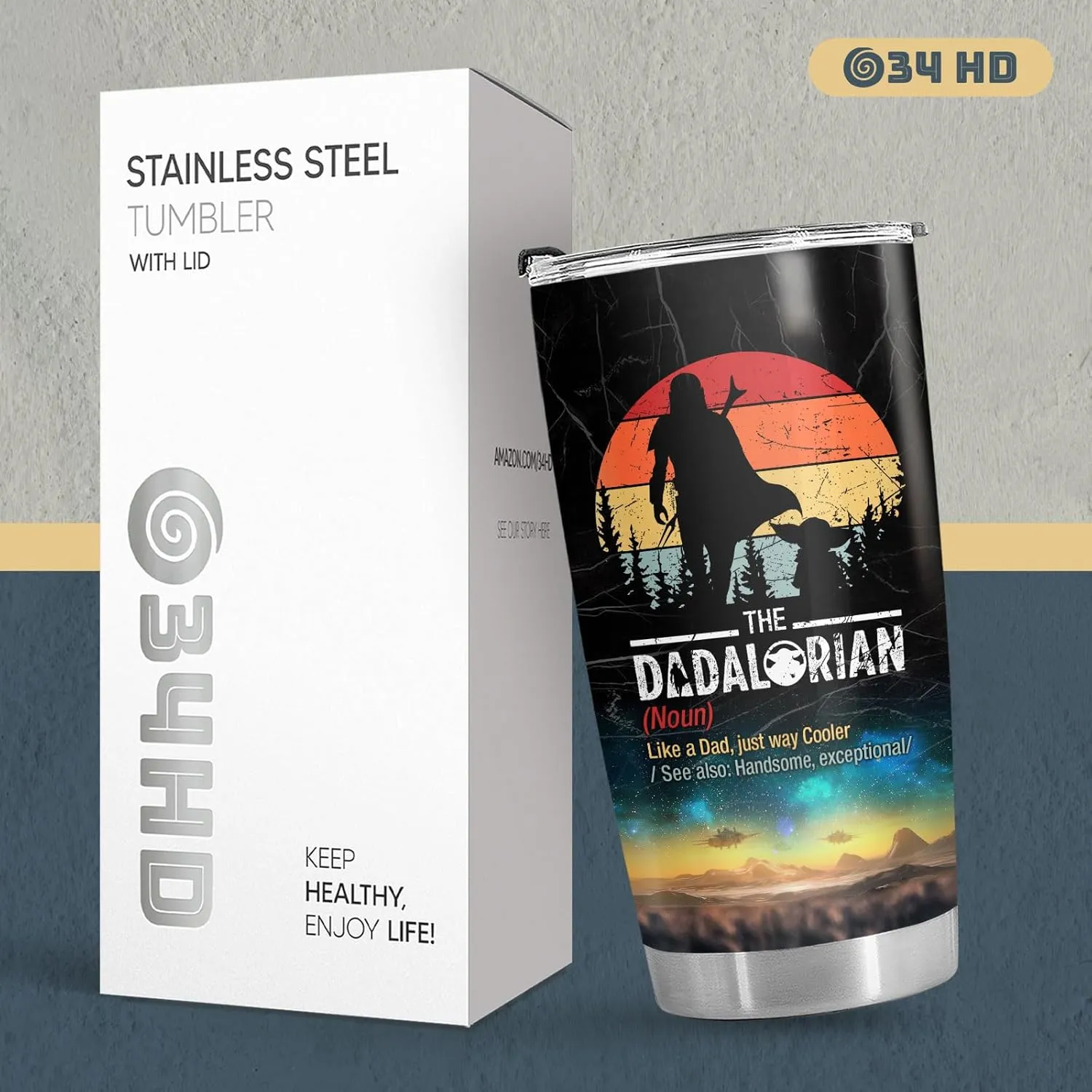 34HD Father Day Gifts, Dadalorian Tumbler with Lid 20 oz Stainless Steel, Dad Drinking Cup, Star Dad Merch, Daddy Birthday Gifts from Daughter, Son, Wife