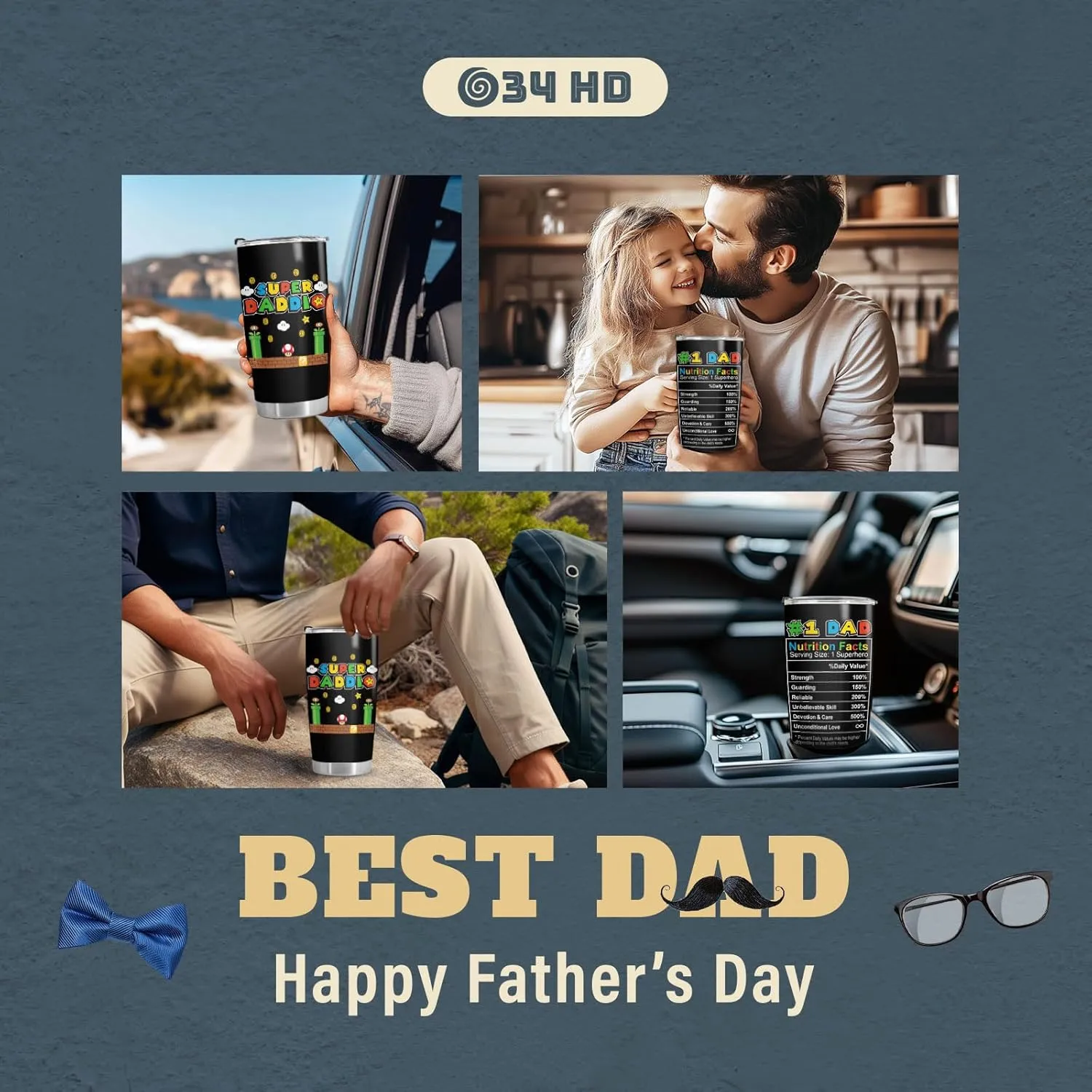 34HD Father Day Gifts, Daddio Tumbler with Lid 20 oz Stainless Steel, Dad Coffee Mug, Gamer Dad Present, Daddy Birthday Gifts from Daughter, Son, Wife