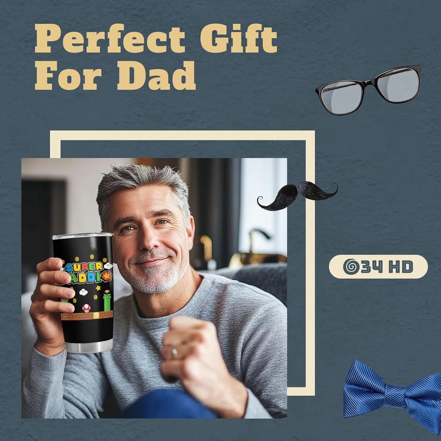 34HD Father Day Gifts, Daddio Tumbler with Lid 20 oz Stainless Steel, Dad Coffee Mug, Gamer Dad Present, Daddy Birthday Gifts from Daughter, Son, Wife