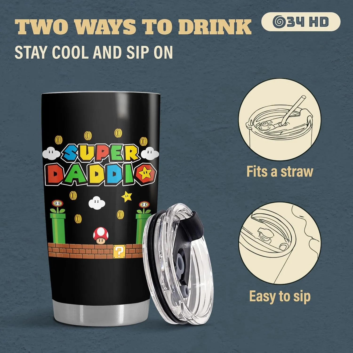 34HD Father Day Gifts, Daddio Tumbler with Lid 20 oz Stainless Steel, Dad Coffee Mug, Gamer Dad Present, Daddy Birthday Gifts from Daughter, Son, Wife
