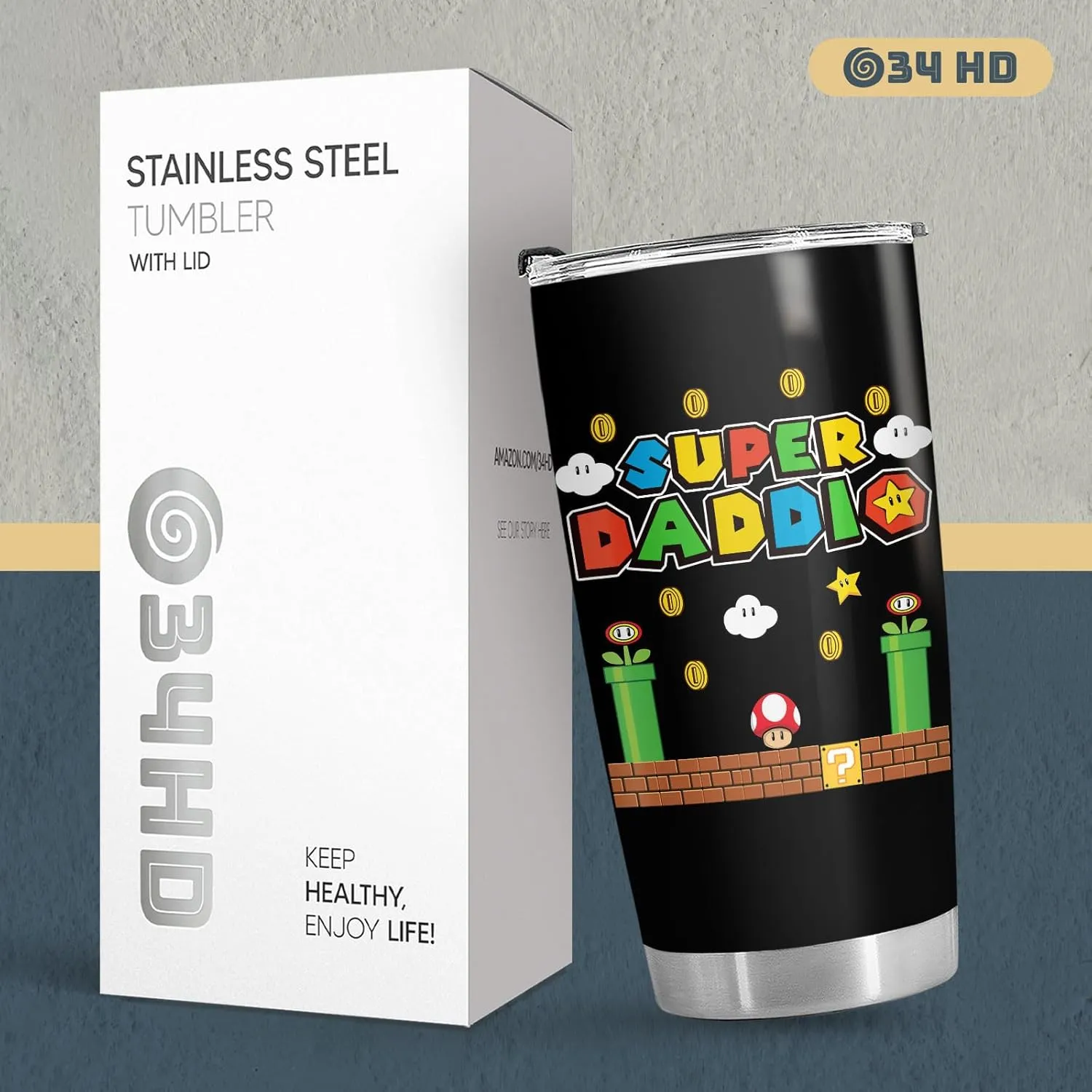 34HD Father Day Gifts, Daddio Tumbler with Lid 20 oz Stainless Steel, Dad Coffee Mug, Gamer Dad Present, Daddy Birthday Gifts from Daughter, Son, Wife