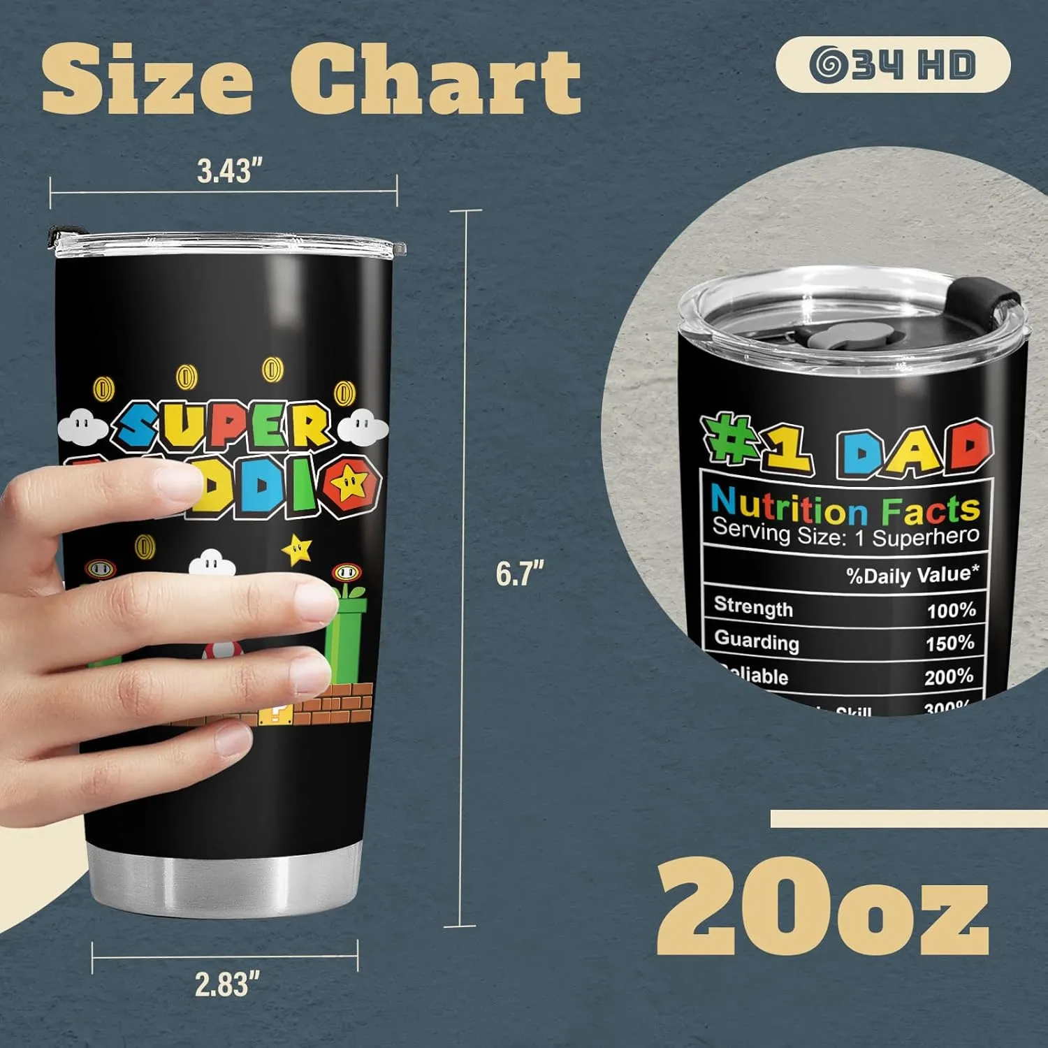 34HD Father Day Gifts, Daddio Tumbler with Lid 20 oz Stainless Steel, Dad Coffee Mug, Gamer Dad Present, Daddy Birthday Gifts from Daughter, Son, Wife