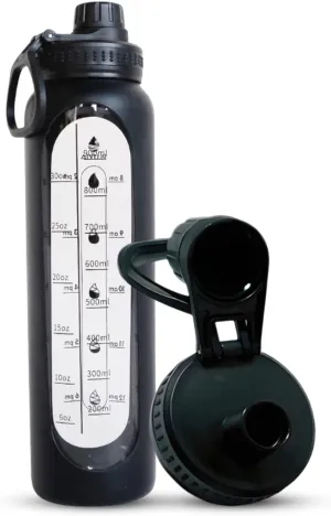 35 oz Glass Water Bottle – BPA-Free, Thick Borosilicate Glass, Hydration Tracking (Black)