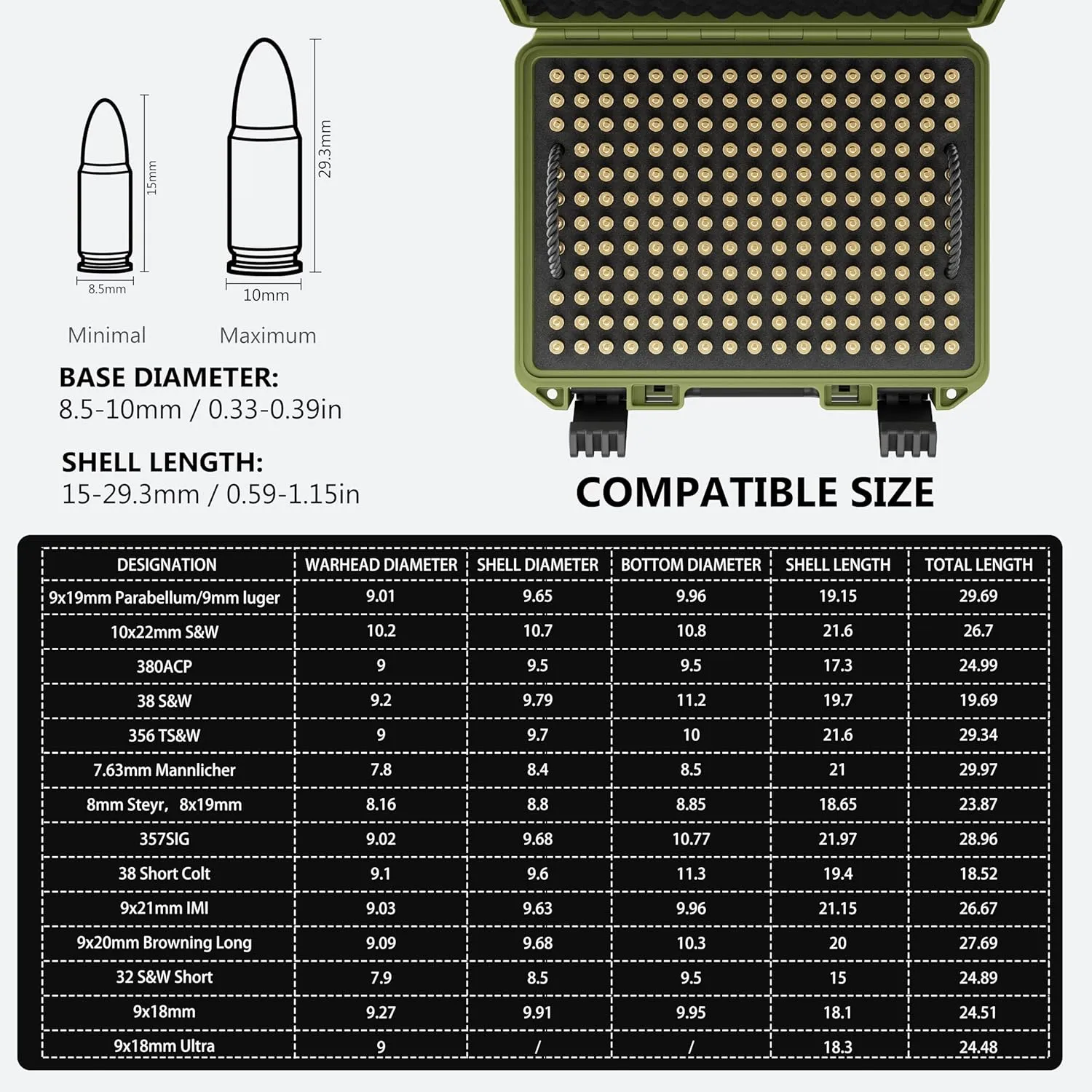 350 Round Ammo Locking Storage Case - Travel Safe/Mil Spec/Waterproof Ammo Box - for 9x19mm Parabellum/9mm Luger, 380ACP, 38 S&W, 356 TS&W,7.63mm Mannlicher,8mm Steyr..
