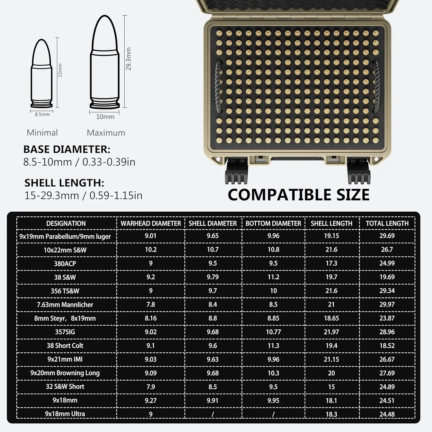350 Round Ammo Locking Storage Case - Travel Safe/Mil Spec/Waterproof Ammo Box - for 9x19mm Parabellum/9mm Luger, 380ACP, 38 S&W, 356 TS&W,7.63mm Mannlicher,8mm Steyr..