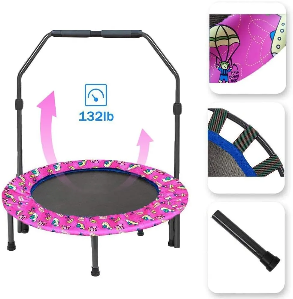 36-Inch Mini Trampoline with Adjustable Handle and Safety Padded Cover - Foldable Toddler Rebounder for Kids Play and Exercise Indoor & Outdoor