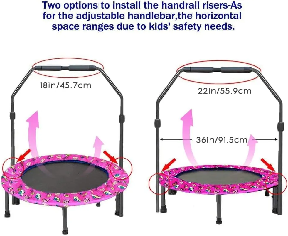 36-Inch Mini Trampoline with Adjustable Handle and Safety Padded Cover - Foldable Toddler Rebounder for Kids Play and Exercise Indoor & Outdoor