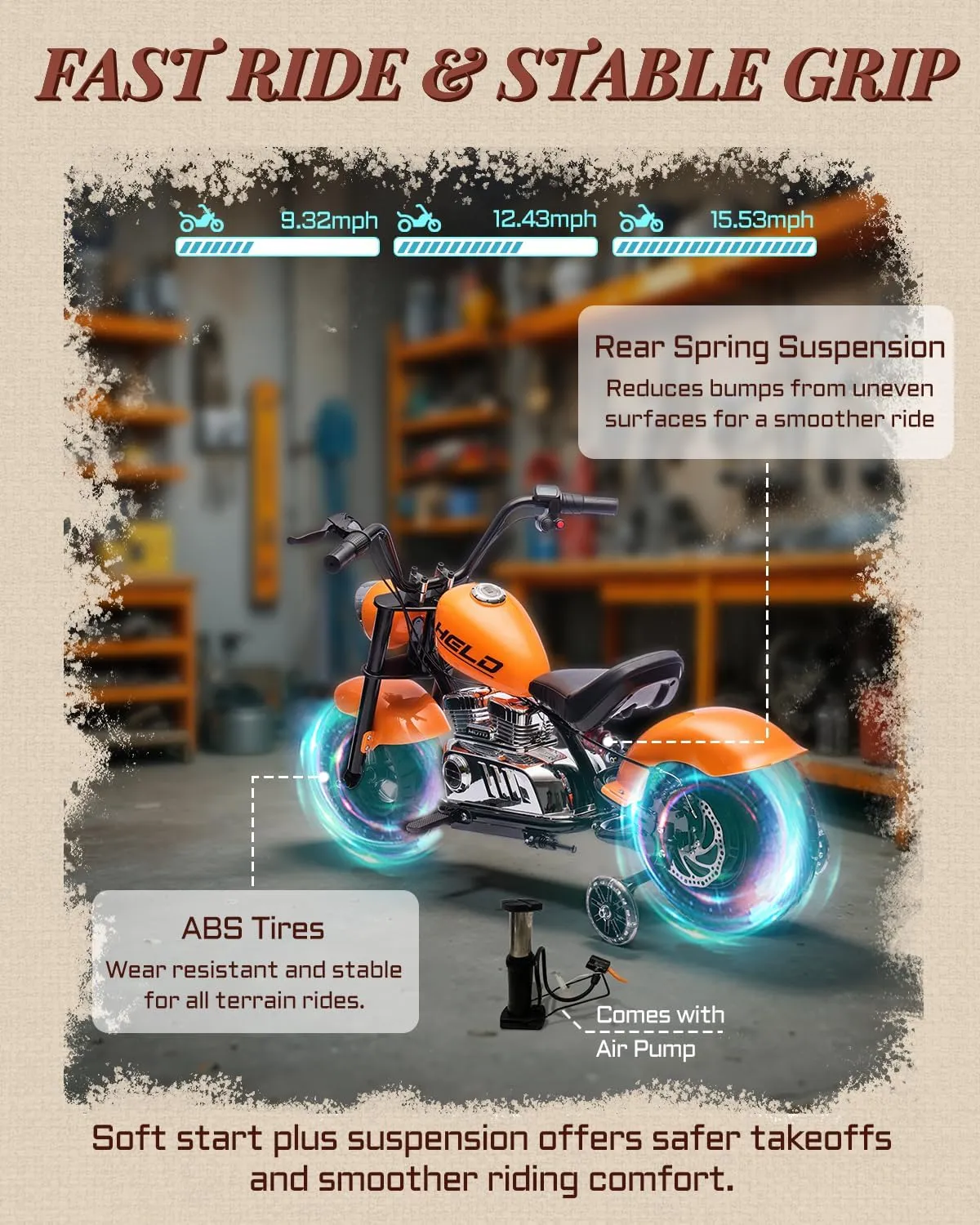 36V Kids Electric Motorcycle, 350W Electric Dirt Bike for Kids, Ride on Motorcycle Speed up to 15.53 Mph, Electric Dirtbike w/Training Wheels, Bluetooth (Orange)