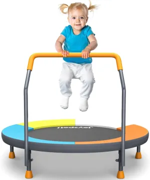 3FT Toddler Trampoline with Adjustable Handlebar - 36” Foldable, Spring-Free & Noiseless Mini Kids Trampoline for Indoor/Outdoor Active Play - Safe, Durable Design, Supports Up to 100 lbs