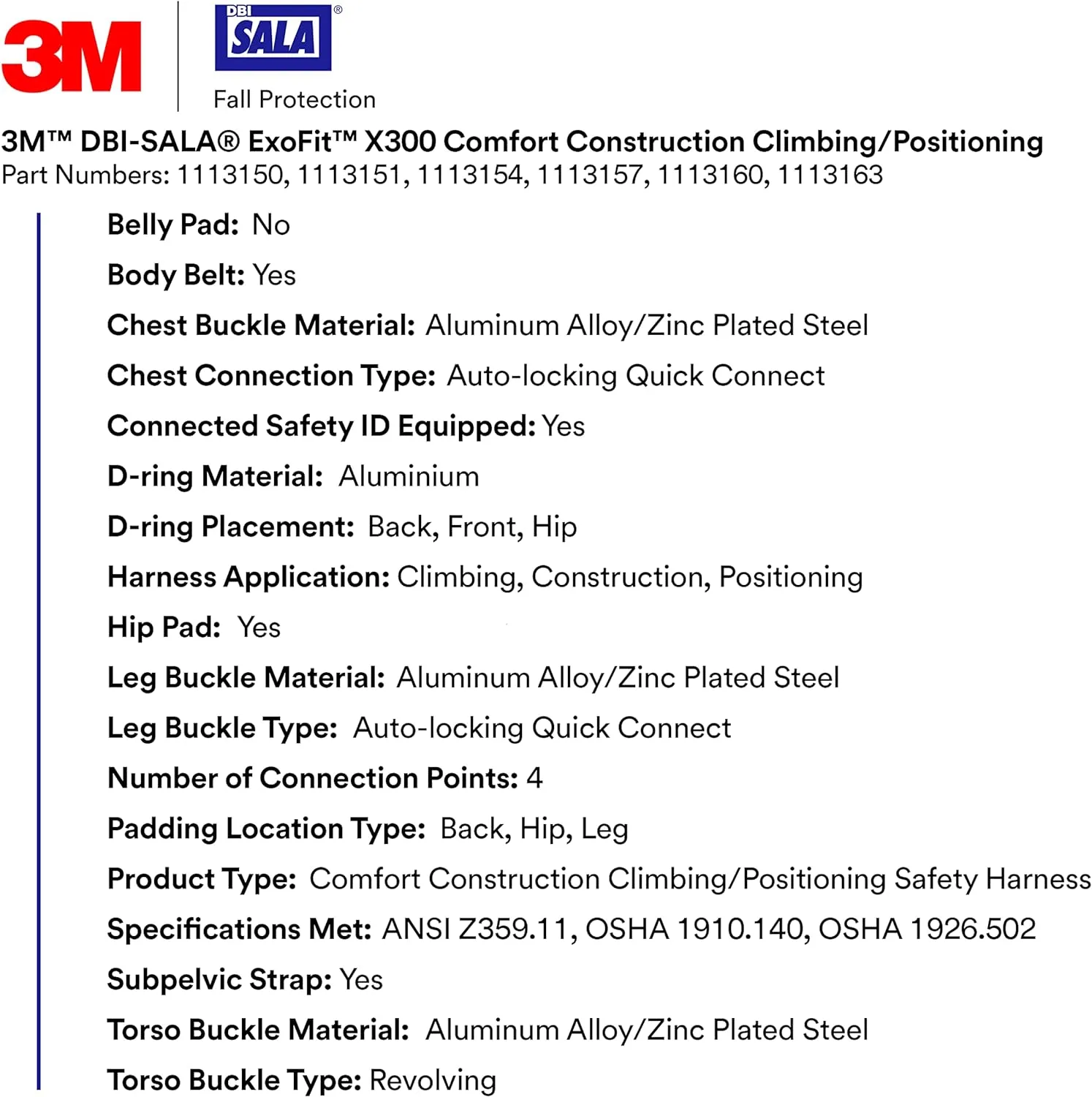 3M 1113160 DBI-SALA ExoFit X300 Comfort Construction Climbing Positioning Safety Harness Fall Protection, Aluminum Back, Front, Hip D-Rings, Auto-Locking Quick Connect Leg and Chest Buckles, X-Large
