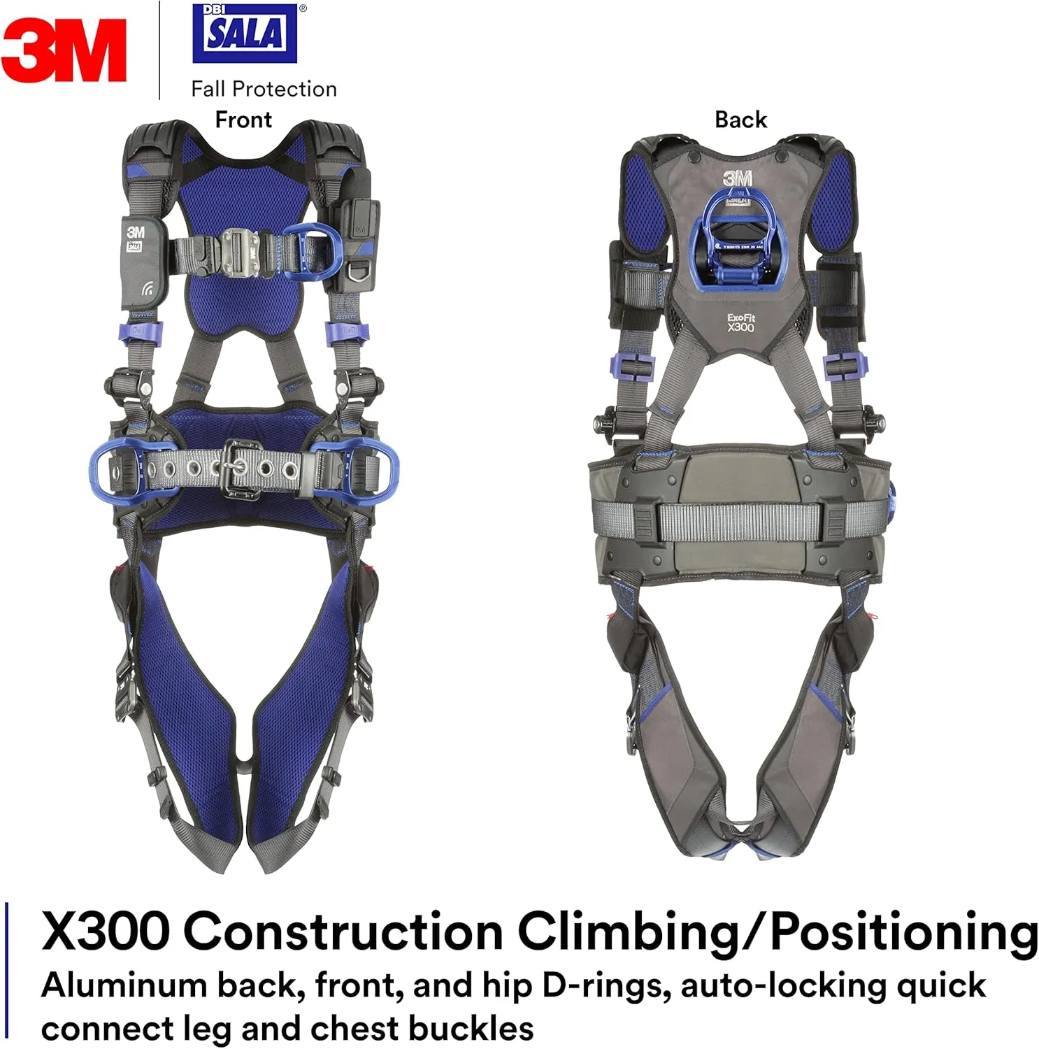 3M 1113160 DBI-SALA ExoFit X300 Comfort Construction Climbing Positioning Safety Harness Fall Protection, Aluminum Back, Front, Hip D-Rings, Auto-Locking Quick Connect Leg and Chest Buckles, X-Large