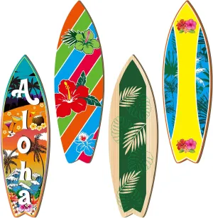 4 Pcs Summer Giant Surfboard Wall Decor Large Wooden Beach Surfboard Wall Hanging Sign Wood Surf Boards for Decorating Foldable Tropical Wall Decor for Bedroom Home Bar Party