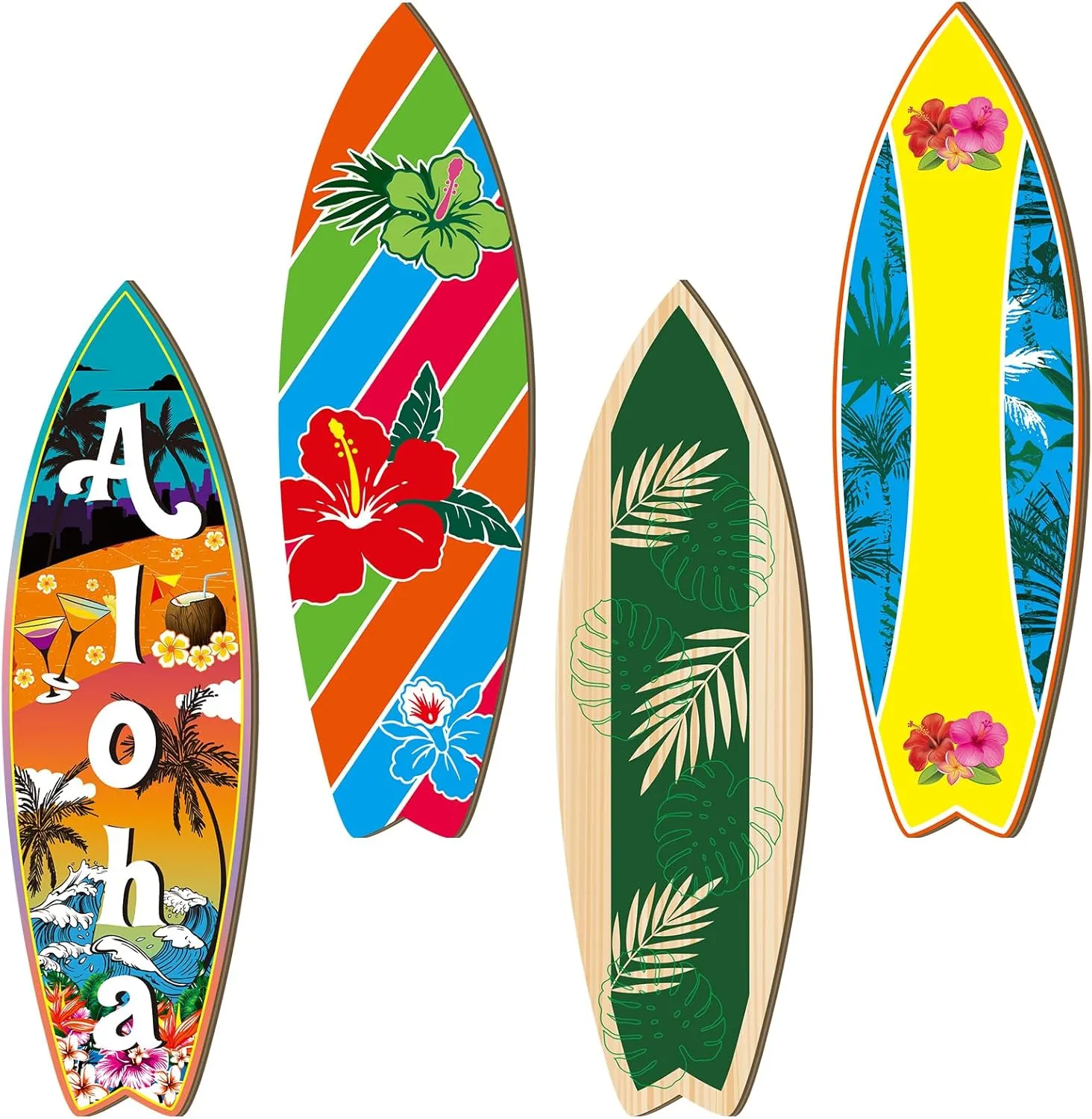 4 Pcs Summer Giant Surfboard Wall Decor Large Wooden Beach Surfboard Wall Hanging Sign Wood Surf Boards for Decorating Foldable Tropical Wall Decor for Bedroom Home Bar Party