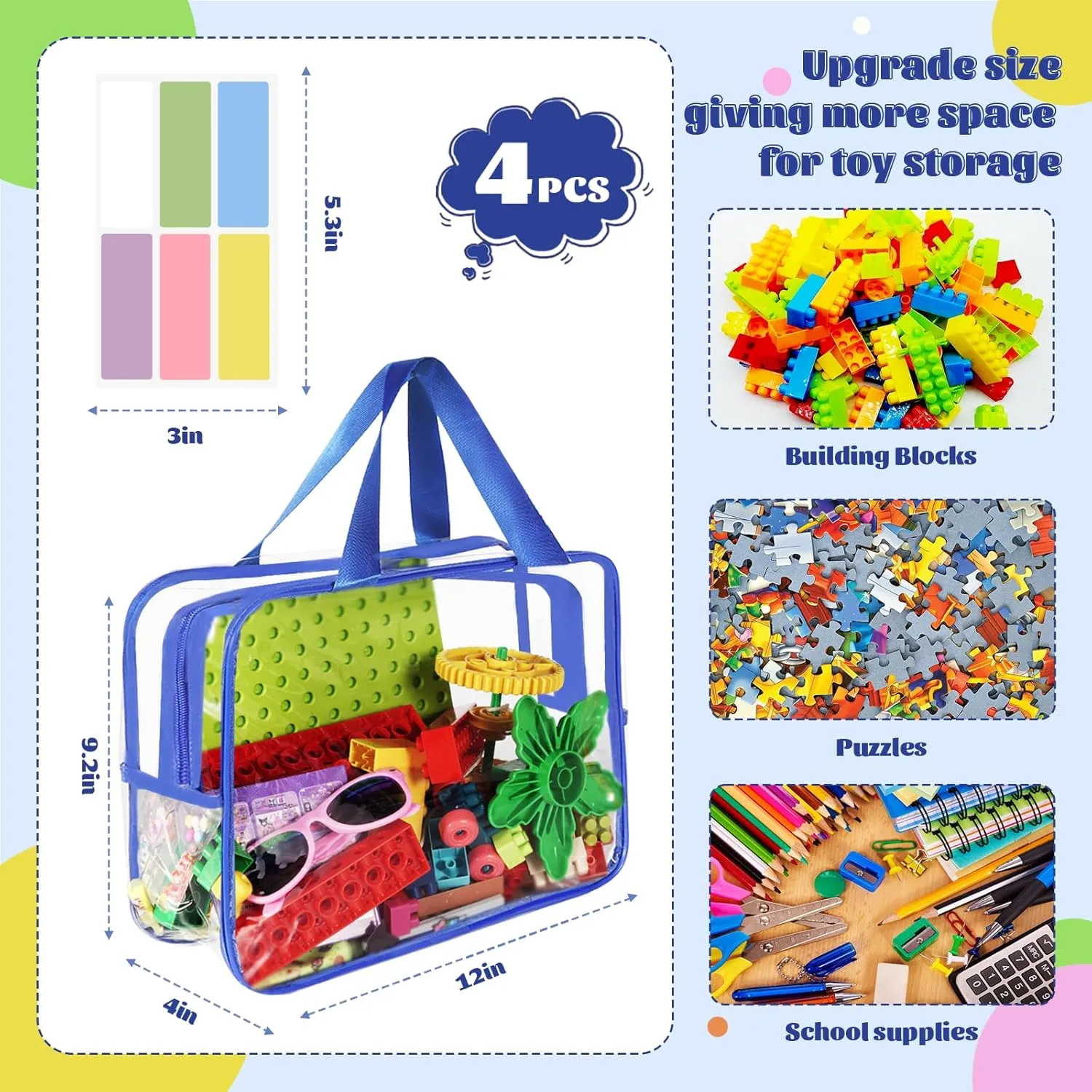 4 Pcs Toy Storage Bags, Clear PVC Toy Organizer with Zipper, Waterproof Travel Bags with Labels for Building Blocks, Puzzle, Kids Books (multicolor1)