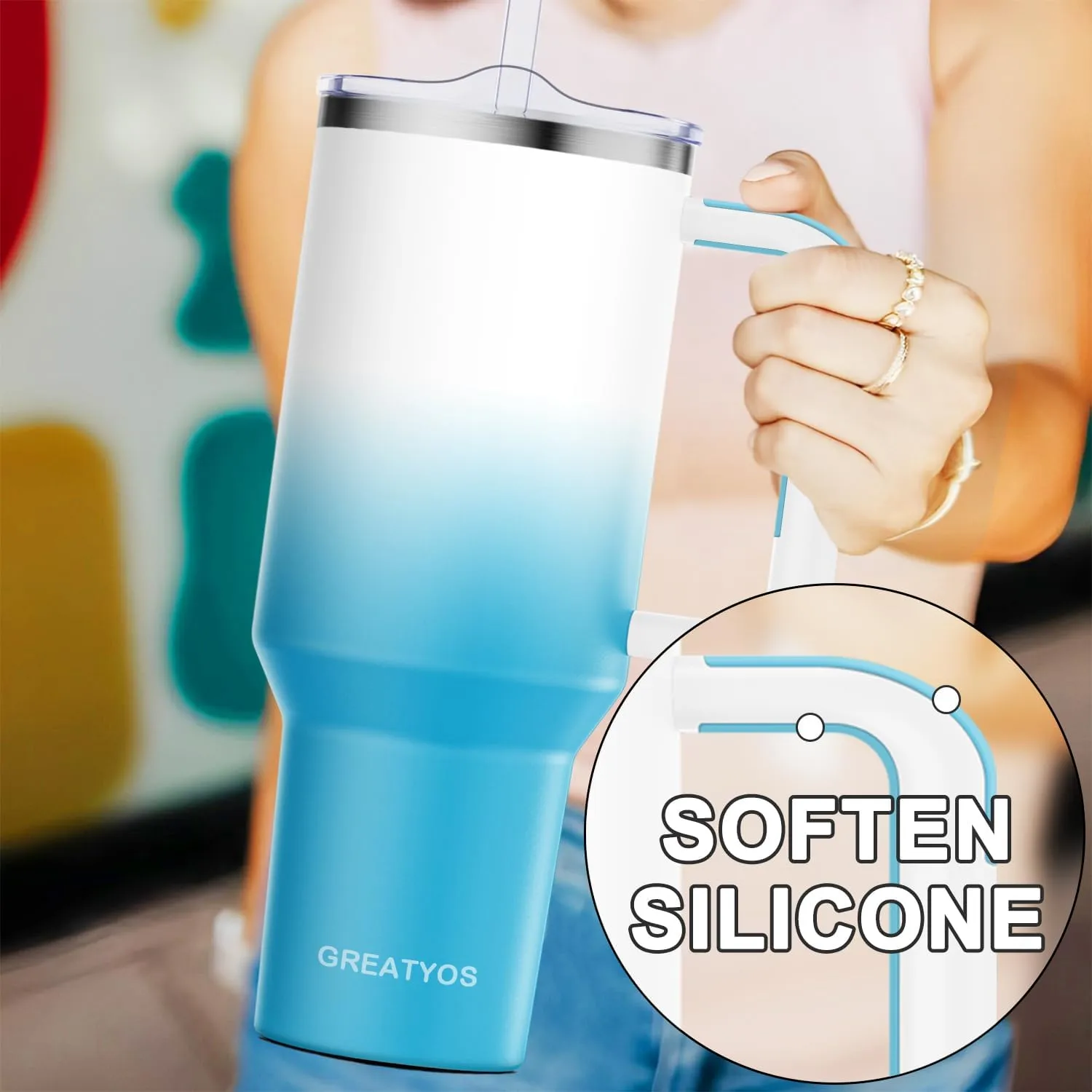 40 oz Tumbler with Handle and Straw Lid Insulated Tumblers Cups with Lids Straws Double Wall Vacuum Stainless Steel 40oz Tumbler Travel Mug Gifts for Men Women Him Her (Clouds Sky)