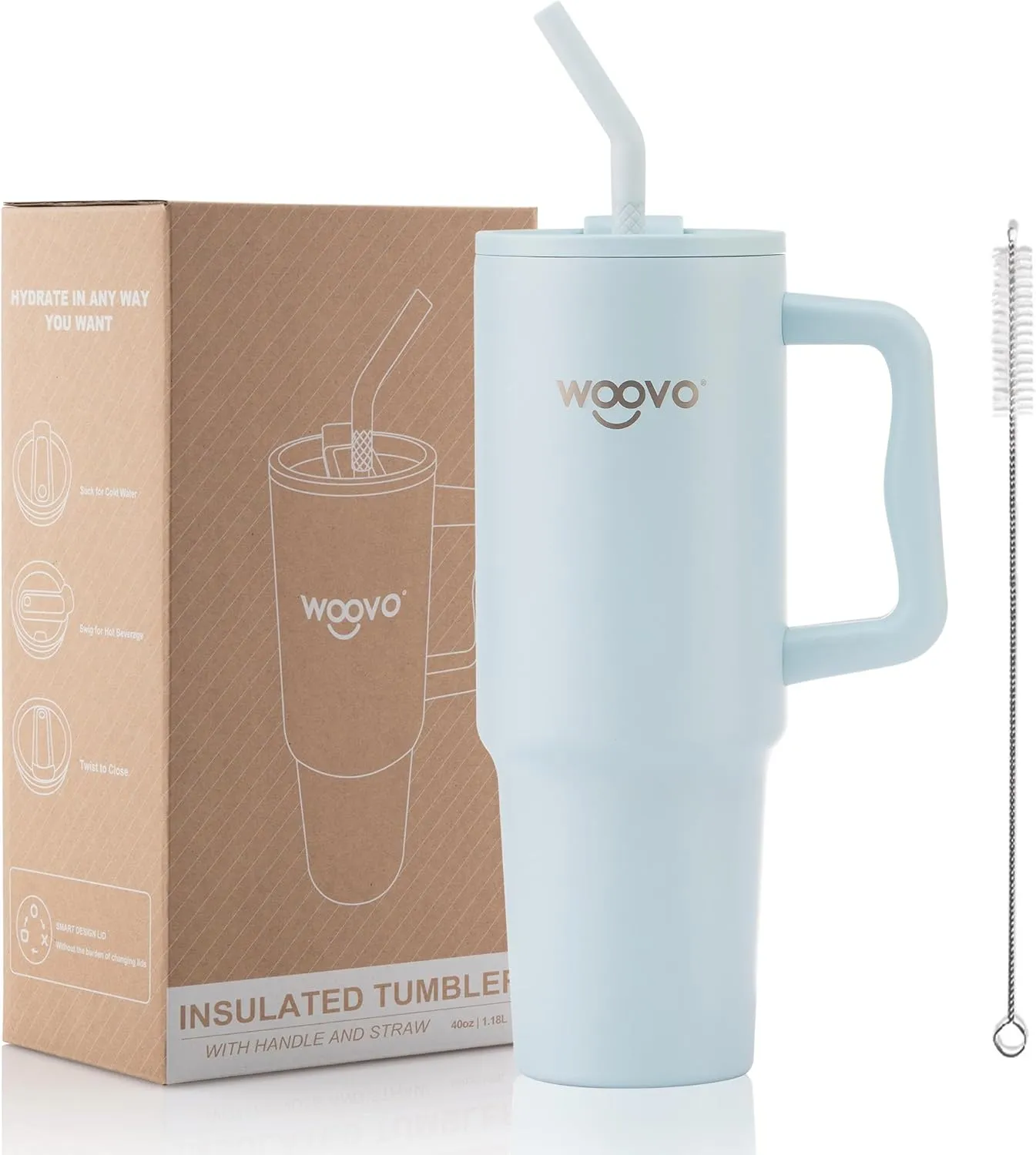 40 oz Water Cup with Straw and Lid, Insulated Water Bottle with Handle, BPA Free Reusable Double Wall Stainless Steel Tumbler Cup for Adults, Light Blue