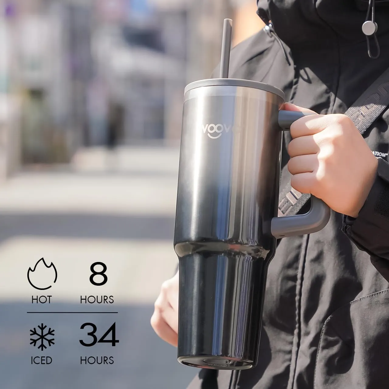 40oz Water Cup with Straw and Lid, BPA Free Insulated Cup with Straw, Reusable Double Wall Stainless Steel Tumbler with Handle, Slim 40 oz Water Bottle with Straw for Adults, Grey