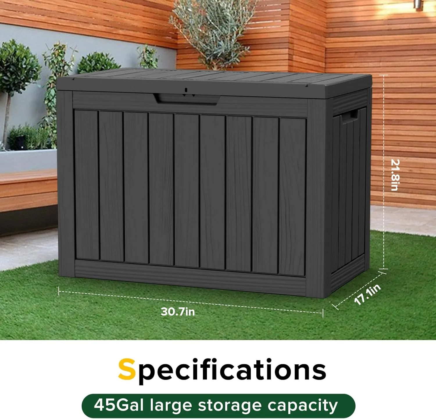 45 Gallon UV Resistant Outdoor Storage Box Waterproof, Lockable Resin Deck Box for Garden Tools, Sports Equipment and Cushions, Black