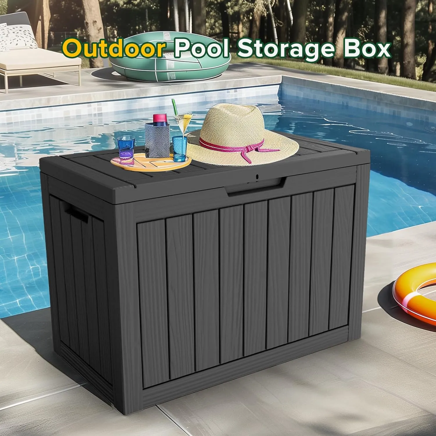 45 Gallon UV Resistant Outdoor Storage Box Waterproof, Lockable Resin Deck Box for Garden Tools, Sports Equipment and Cushions, Black