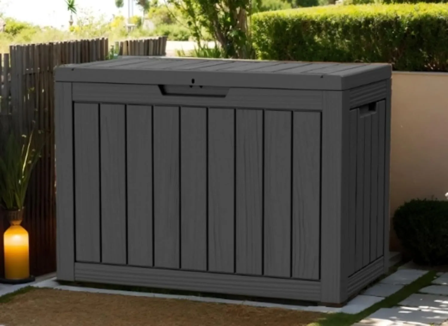 45 Gallon UV Resistant Outdoor Storage Box Waterproof, Lockable Resin Deck Box for Garden Tools, Sports Equipment and Cushions, Black