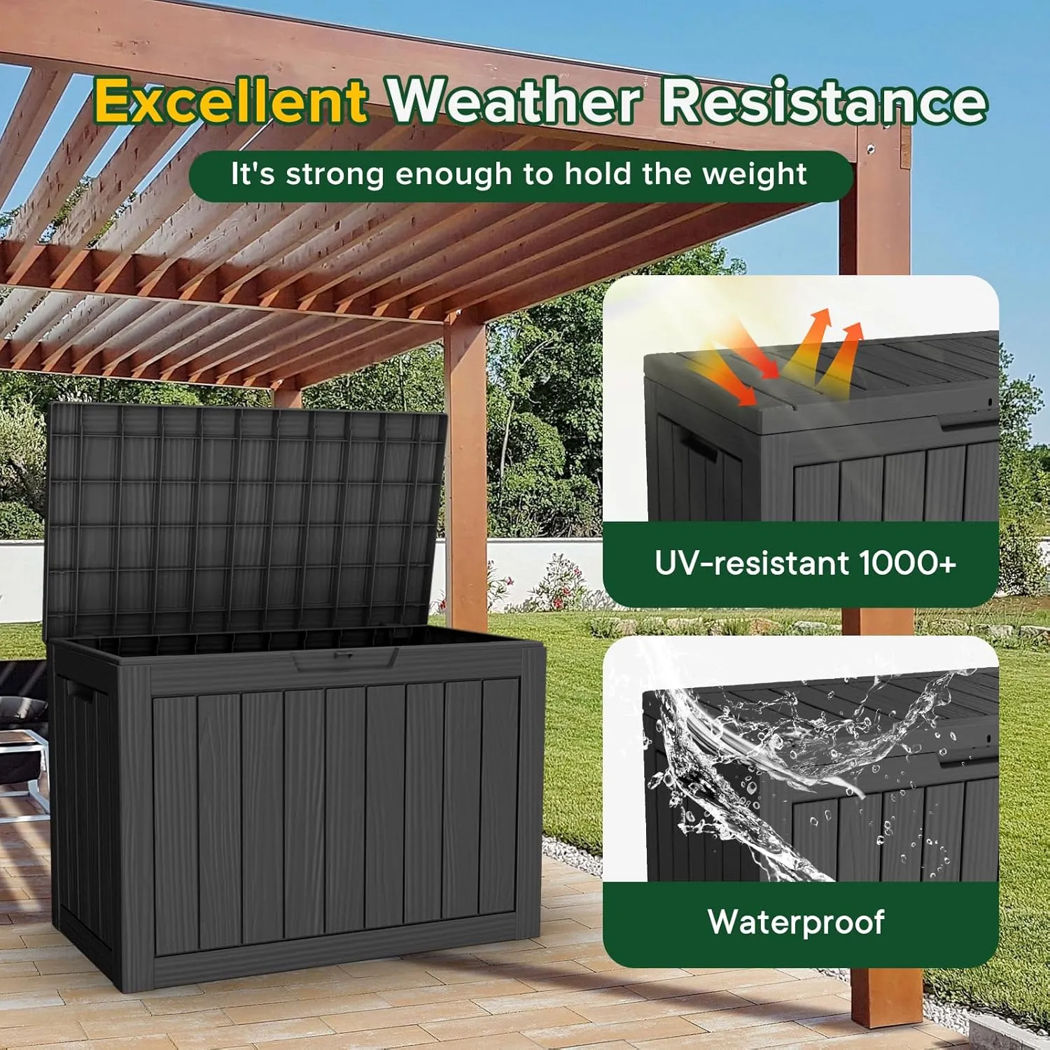 45 Gallon UV Resistant Outdoor Storage Box Waterproof, Lockable Resin Deck Box for Garden Tools, Sports Equipment and Cushions, Black