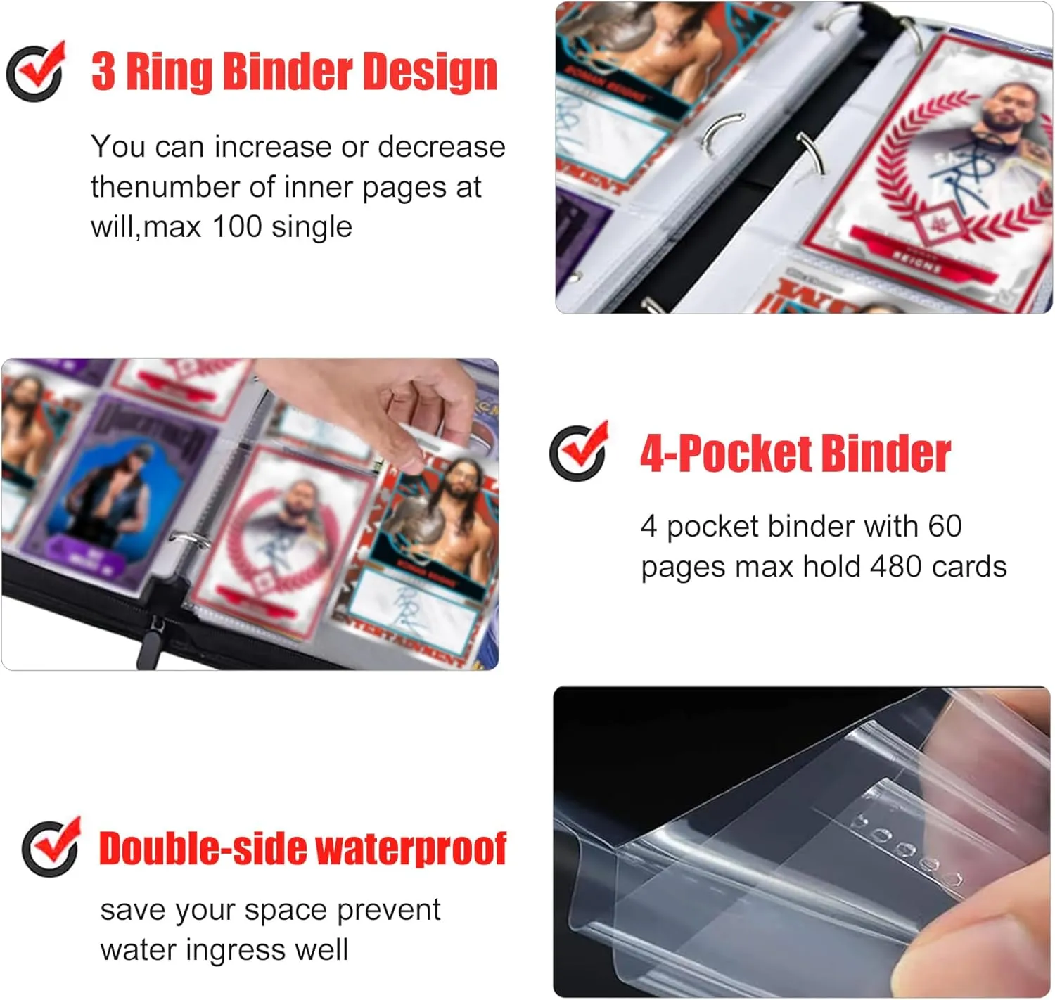 480 Pockets Wrestling Card Binder for WWE Trading Cards 2024-2025,Portable Waterproof Storage Bag with Removable Sleeves for Sports WWE UFC Cards Collectors