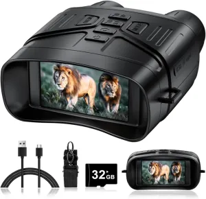 4K Night Vision Goggles Binoculars with Rechargeable Battery and 32GB Card - HD Display for Outdoor Observation, Wildlife Viewing & Camping - Night Vision Binoculars for Men, Black