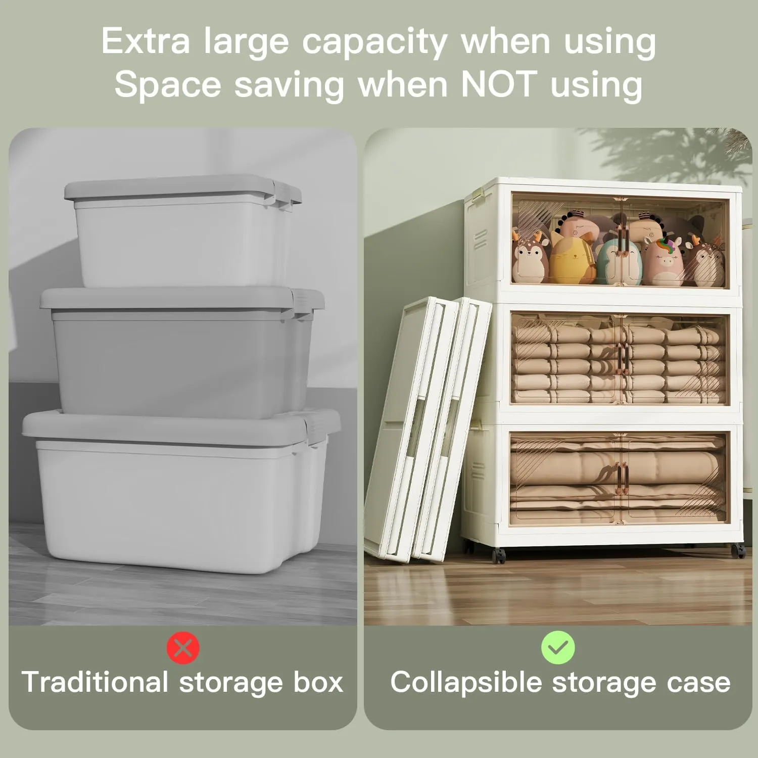 4Packs Stackable Storage Bins with Lid, 36 Gal Closet Organizer and Storaging Drawer, Collapsible Storage Box with Wheels, Plastic Clothes Storage Cabinet Containers for Home,Office,Dorm