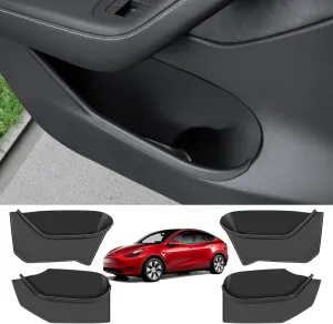 4PCS Door Side Storage Box for Tesla Model Y 2021-2024 Upgraded Silicone Organizer Front and Rear Slot Pockets Protector, Black